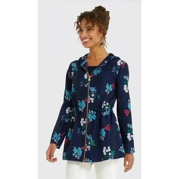 Draper James Jackets & Blazers - New With Tags Women’s Sz 2 Draper James Navy Floral Cinch Waste Hooded Raincoat